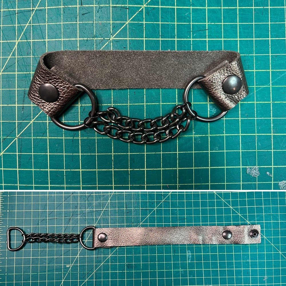 OOAK Home Made Metallic Bronze Real Leather D-ring Collar w Gunmetal Chains